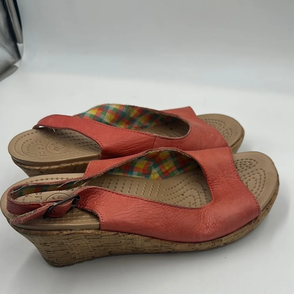 Crocs A-Leigh Sandals Womens 10 Coral Leather  Cork Wedge Slingback Shoes